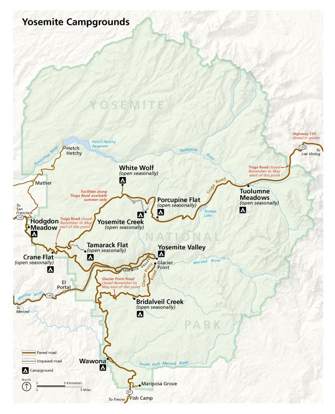 Karte des Yosemite-Parks – wo man in den Vereinigten Staaten campen kann – Top 5