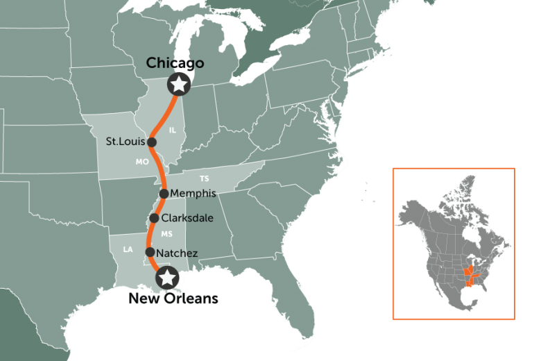 Mapa: Chicaco a Nova Orleans